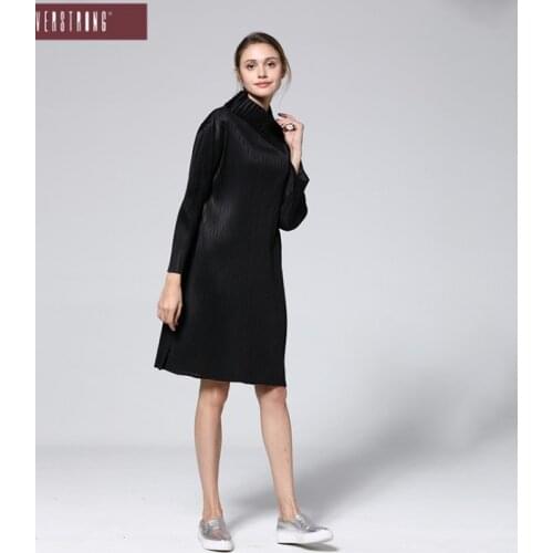 HOT SELLING wrist sleeve asymmetrical neck fold solid straight dress fashion IN STOCK
