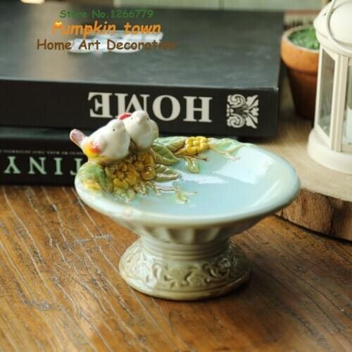 2018 NEW Pastoral style high quality ceramic glazed blue birds and flowers storage tray,ceramic bowl/soap dish decoration