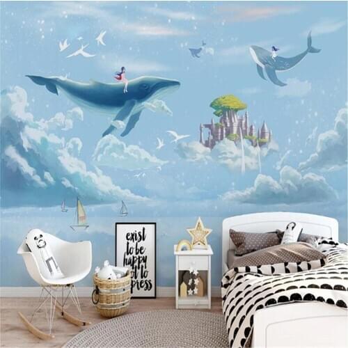 Milofi professional custom 3d wallpaper mural hand-painted watercolor sky whale children room mural background wall