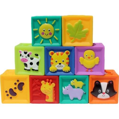 9 Pcs Soft Silicon Cube Numbers Animals Blocks Stack Game Color & Shape Sorting Kids/Baby Developmental Toy