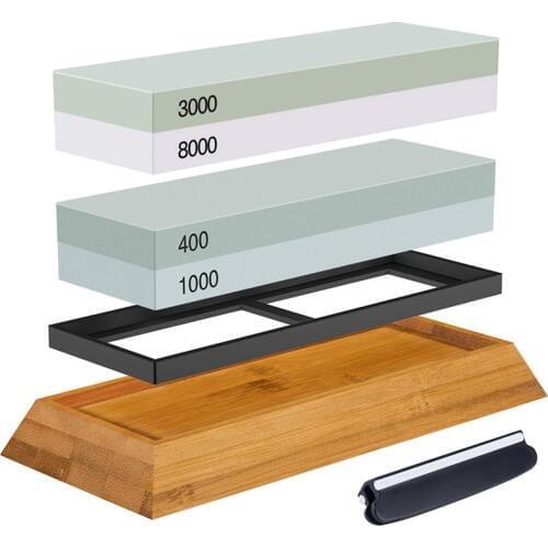 Sharpening Stone Set, Whetstone 2-IN-1 400/1000 3000/8000 Grit, Waterstone Wooden Holder and Knife Guide Included