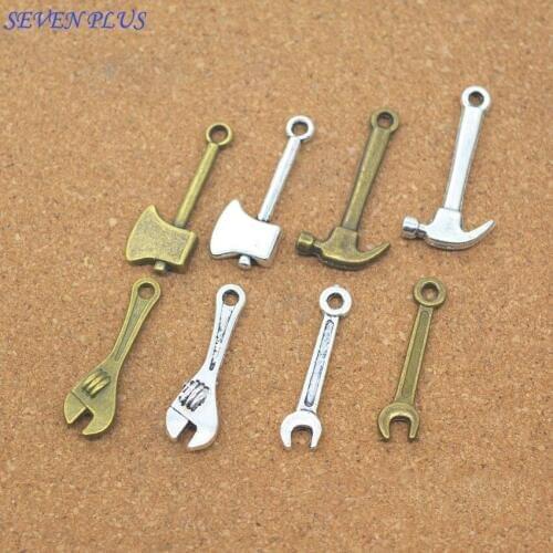 Newest Style 20 Pieces/Lot 24MM Antique Silver plated Or Bronze Diy Handmade Metal Small Mixed Charms Wrench Axe Hammer Tools