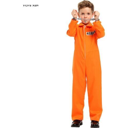 Orange Boys Halloween Prisoner Jumpsuits Uniform Costume for Kids Children Criminal Cosplay Carnival Purim Role Play party dress
