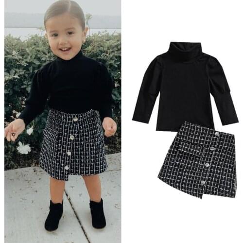 Fall Fashion Children Girls Clothing Sets Toddler Kids Girls Turtleneck Long Sleeve Tshirt Tops Plaid Button Skirts Outfits Sets