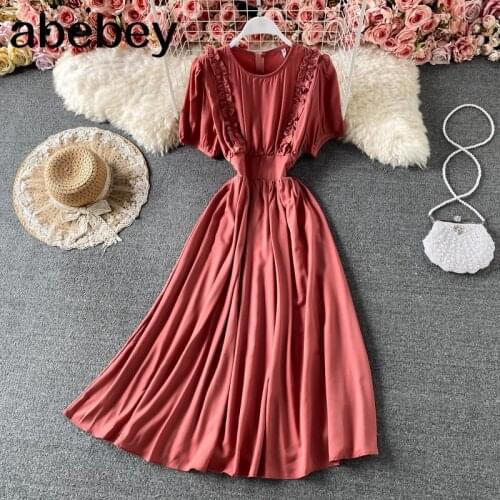 Women Elegant French Dress Summer Puff Sleeve O Neck Solid A-line Office Dresses Fashion Streetwear Split Midi Dress
