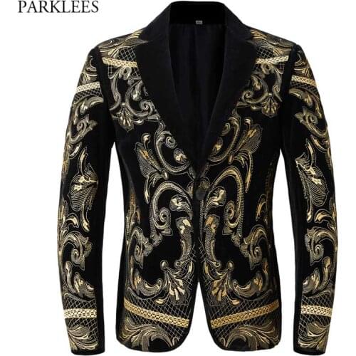 Luxury Gold Floral Embroidery Black Blazer Jacket Men Peak Lapel One Button Baroque Velvet Suit Jacket for Wedding Party Prom