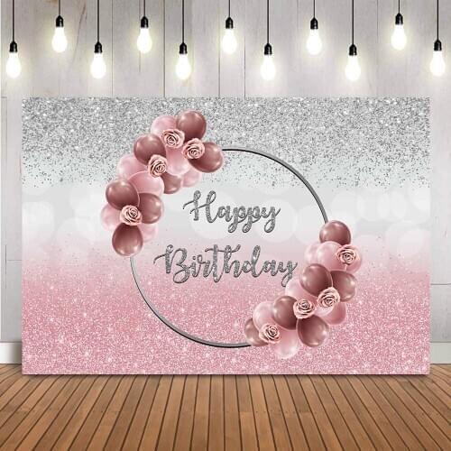 Happy birthday pink and sliver backdrop bokeh glitter photo background studio red and pink balloons birthday party decoration