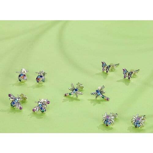 WOSTU 925 Sterling Silver Rainbow Butterfly Dragonfly Stud Earring For Women Wedding Small Earrings Fashion Anniversary Jewelry