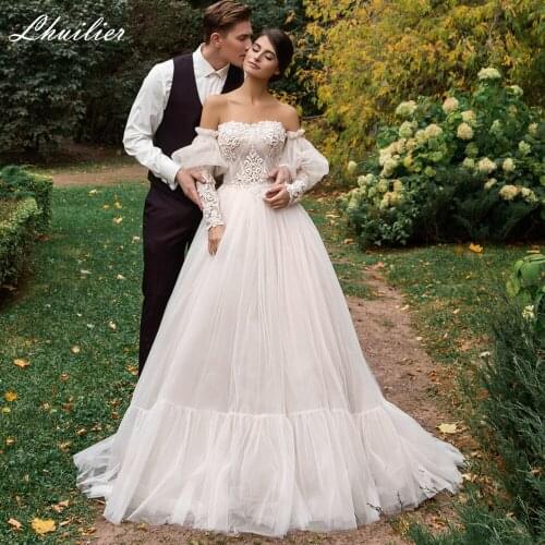 Lhuilier Elegant Strapless A Line Wedding Dresses Removable Sleeves Floor Length Lace Appliques Beaded Court Train Bridal Gowns