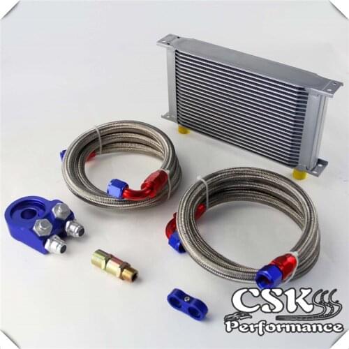Universal 22 Row 248mm AN10 Engine Transmission Oil Cooler British Type + Aluminum Filter Adapter Kit Blue