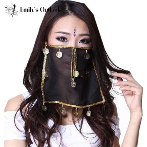 Belly Dance Tribal Face Veil With Coins Halloween Costume Accessory India Dance Bollywood Princess Veils Solid Black White Red