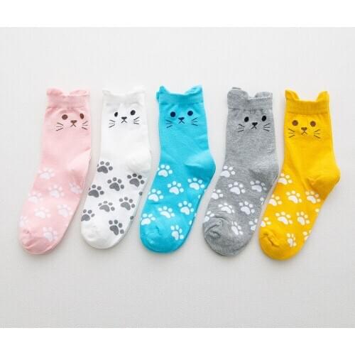 Yishine 5 Pairs New Cute Comfort Kawaii Cat Short Socks Funny Ankle Socks For Girls Accessories Cartoon Animal Kids Art Sock