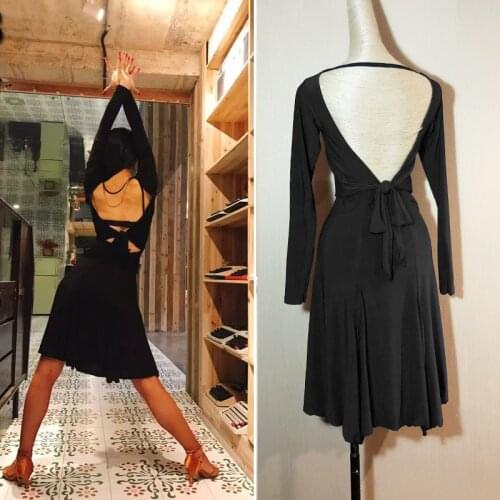 Female Latin Costumes Professional Rumba Practice Clothes Black Long Sleeve Backless Latin Performance Stage Dresses DQL2778