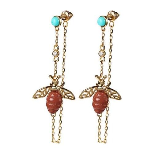 S925 sterling silver gold plated Southern red agate Ear studs Cute Light luxury Temperament Bee Womens Hanging earrings