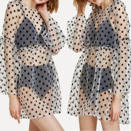 Polka Dots Women Perspective Tops Sheer Mesh Fish Net Long Sleeve Fashion Print Clothing
