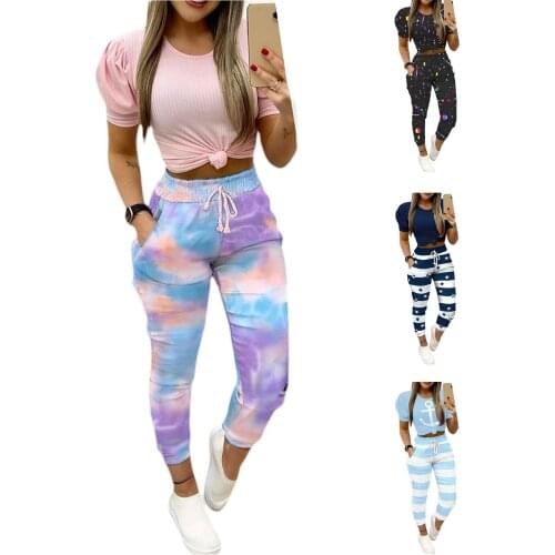 2Pcs Womens Suit Summer Polyester Tracksuits Solid Color Short Sleeves T-Shirt Drawstring Elastic Waist Casual Pants for Girls