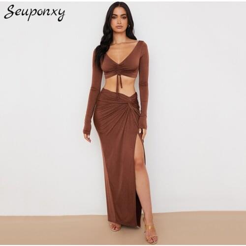 High Quality 2021 Summer Bodycon WomenS 2 Two-Piece Set Sexy V-Neck Short Top + High Waist Draped Side Slit Skirt Party Set