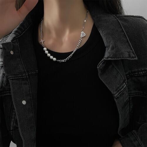 Flashbuy New Design Pearl Stitching Silver Color Chain Choker Necklaces for Women Fashion Cross Clavicle Chain Necklace Jewelry