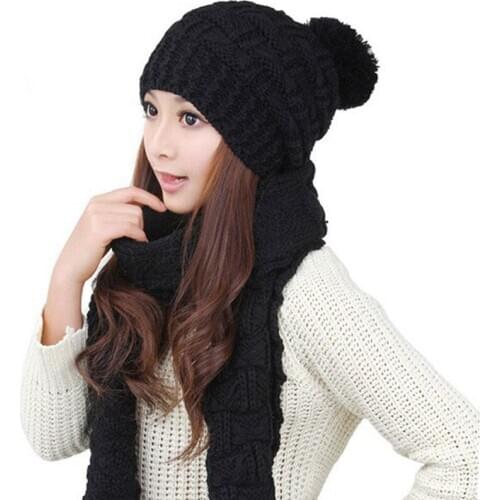 2016 Winter Women Warmer Thicken Scarf Wrap Hat Set Knitted Knitting Girls Collars Skullcaps