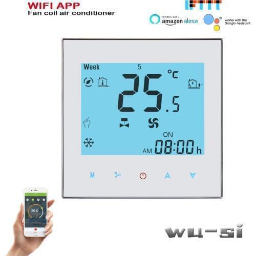 2PIPE fan coil unit thermostat WIFI TUYA ，Works with Alexa Google home wifi thermostat,24VAC 95-240VAC