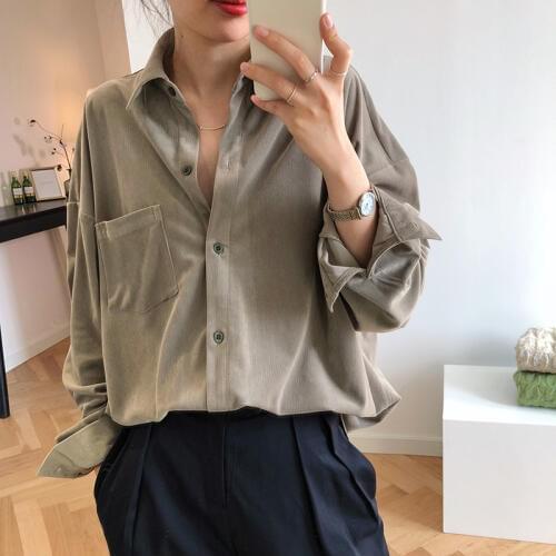 2020 New Spring Women Shirts Solid Corduroy Women Blouses Long Sleeve B utton Pocket Casual Blouse Tops For Women Loose Shirt