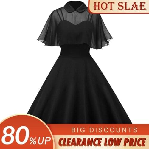 2021 Elegant Dress Women Black Vintage Party Dress Gothic Mesh Cloak Sleeves Peter Pan Collar Two Piece Midi Dress Female Autumn