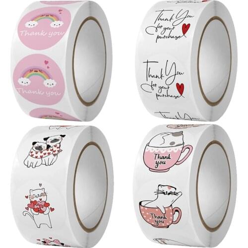 500pcs Thank You Stickers 1inch 2.5cm Round Cute Cartoon Animal Cats Gift Bag Box Seal Label Design Diary Scrapbooking Stickers