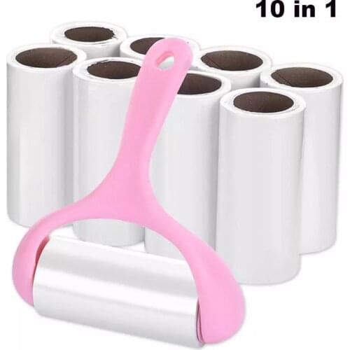9 Rolls + 1 Handle Sticky Roller Glutinous Dust Paper Tearable Adhesive Scrub Clothes Lint Brush Hair Remover Kit with Treat