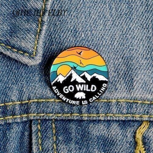 QIHE JEWELRY Round Pins GO WILD Enamel Pins Bear Sun Bird Mountain Brooches Badges Denim Clothes Bag Lapel Pins Gift for Friends