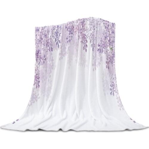 Purple Flower White Throw Blanket for Sofa Christmas Decoration Bedspread Portable Microfiber Flannel Blanket