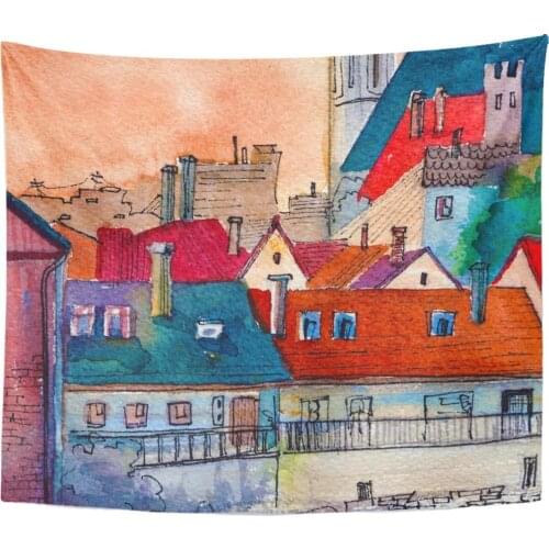 Tapestry Picturesque Czech Small Town Watercolor Oil Painting Canvas Architectural Tapestries Wall Hanging for Living Room