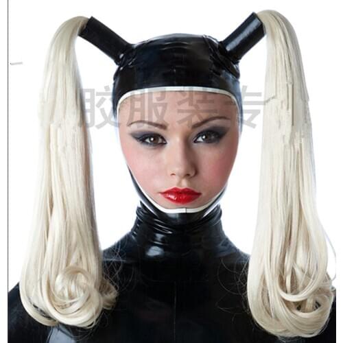 Hot Sexy Latex Handmade Women Hoods with Two Red Tress Wig Hair Fetish Mask Heroine Headgear Zentai Cosplay Customized
