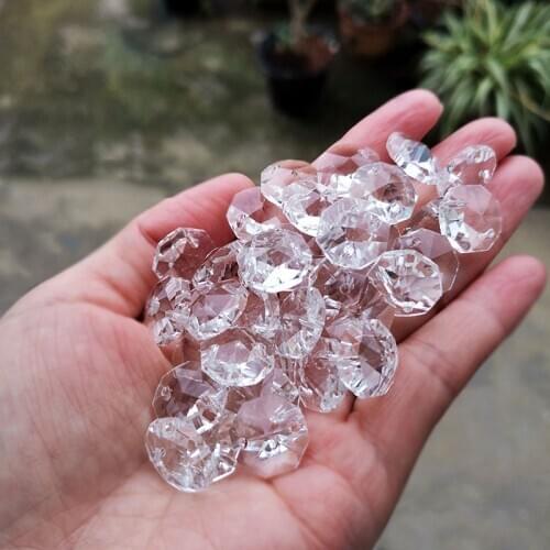 50pcs 14mm Crystal Chandelier Octagon Beads with Metal Ring 2 Holes Glass Light Lamp Parts Curtain Accessory Home Decor Ornament