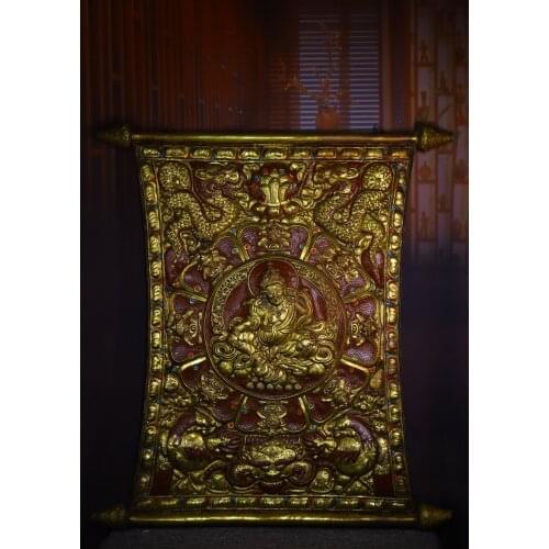 31"Chinese Folk Collection Old Bronze Gilt Engraved Tracing Thangka Dragon statue Huang Caishen Thangka Town House Exorcism