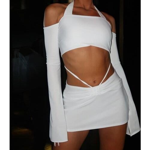 Adogirl Sexy Backless Women 2 Piece Sets Night Club Party Matching Sets Long Sleeve Halter Crop Top +Mini Skirt Suit Streetwear