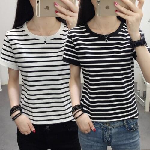 MOYISU 2021 New Summer Womens T-shirt Korean New stripe O-Neck Tops Oversized Casual Female Short sleeve Cotton Shirt