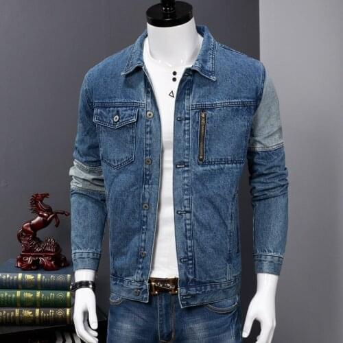 Fashion Patchwork Denim Jacket Men Casual Loose Blue Cargo Coat