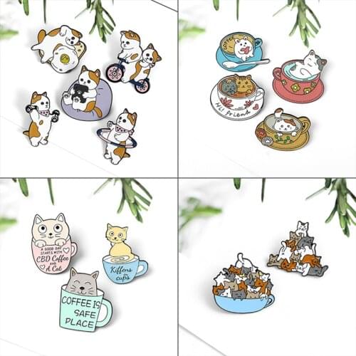 Cartoon Animal Cats Brooches Hi！friend Coffee cup cat Enamel Pins Box Kitten Cats Badge Brooch Bag Clothes Lapel Jewelry Gift