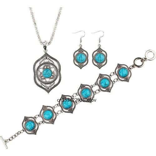 A Set Retro Turquoise Jewelry Sets Pendant Earring Bracelet Necklace Fashion Handmade Amulet Gifts Her Woman