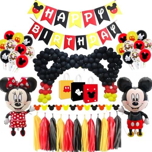 Minnie Mickey Mouse Birthday Decorations Set Banner Inspired Balloon Package for Kids Favor Disposable Dinnerware Supplies Set