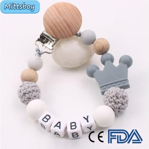 Customizable Silicone Personalised Name Baby Pacifier Clips Crochet Beads Silicone Crown Pacifier Chains Holder Baby Shower Gift