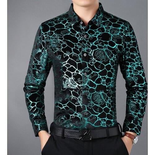 New Luxury Gold Velvet Dresses Man Long Sleeve Floral Shirts Casual Male Soft Velour Clothing Free Shipping