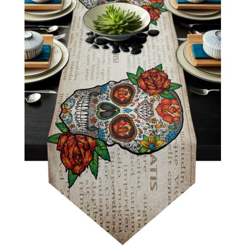 Retro Mexican Skull Chic Table Runner Country Wedding Decor Cake Tablecloth Placemat Dinning Table Decoration Table Runners