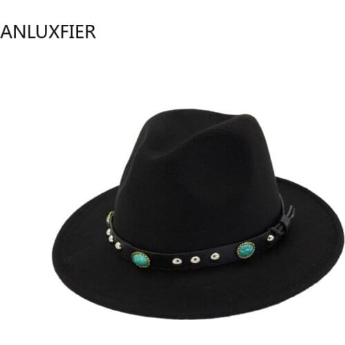 H7552 Women Wool Felt Fedoras Hat Ladies Woolen Fashion Ethnic Style Cap Metal Rivet Belt Buckle Church Simple Jazz Casual Hats