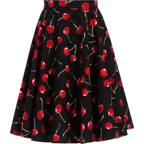 2021 Floral Cotton Midi Skirt Large Swing Black Cherry Print Retro Vintage Summer 40s 50s 60s Women Skirts