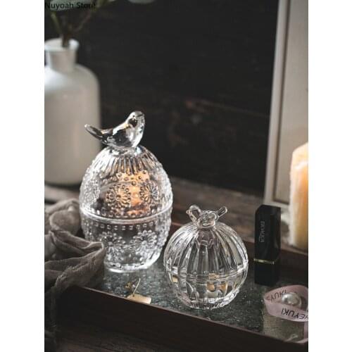 Retro Bird Glass Storage Box Transparent Embossed Cotton Swab Storage Jewelry Storage Desktop Decoration Household Candy Jar