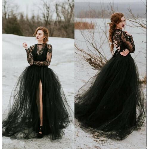 Gothic Bride Design Black Wedding Dresses Lace Long Sleeve V Neck Open Backless A Line Vintage Bridal Gowns Vestido De Noiva
