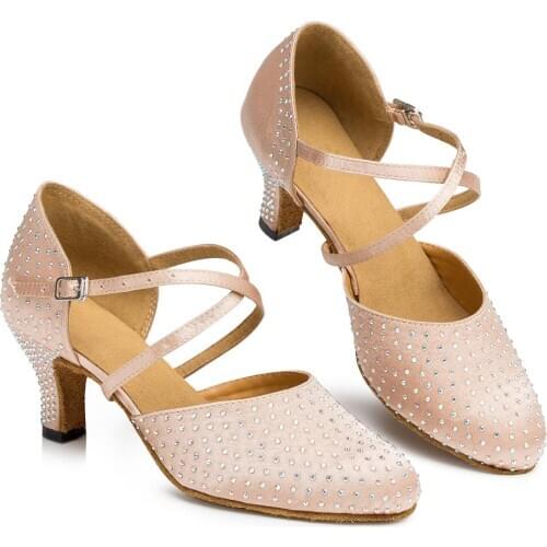 Satin Rhinestone Closed Toe Ballroom Dance Shoes Beige Shoes For Women Latin Salsa Dance Shoes Tango Samba Ballroom Dance Shoes
