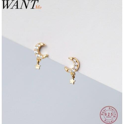 WANTME Real 925 Sterling Silver Shiny Zircon Star Moon Sweet Small Stud Earrings for Women Trendy Party Piercing Goth Jewelry