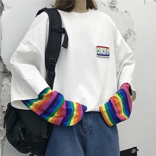 Korean Harajuku Patchwork T Shirts Fake Two Pieces Rainbow Striped Long Sleeve Casual T-shirt O-neck Women Top Tees 55252